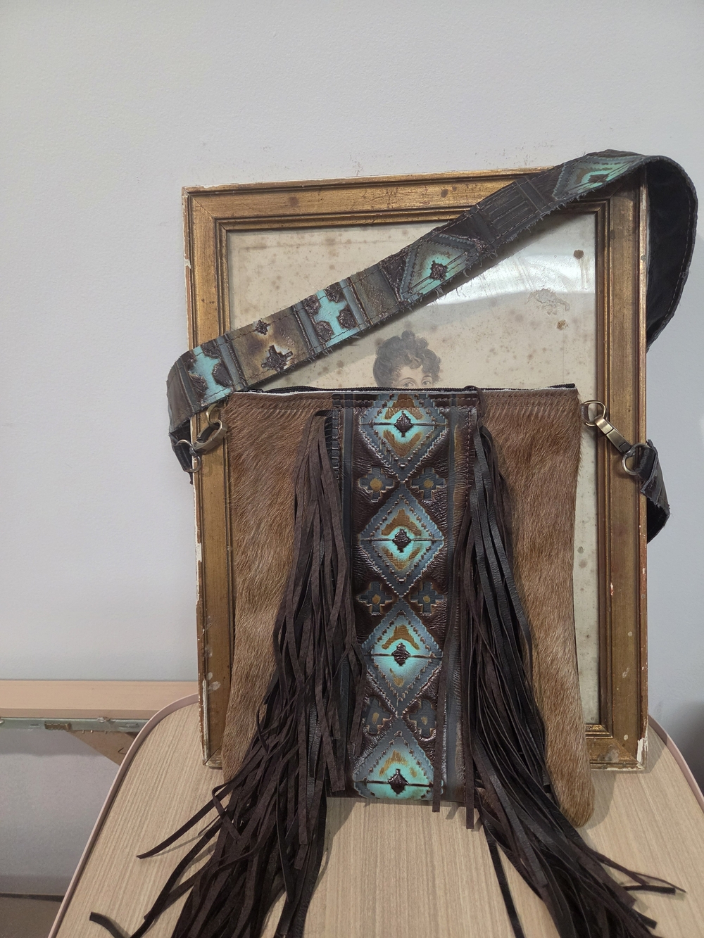 Custom Genuine Cowhide Leather Crossbody with Turquoise Accents